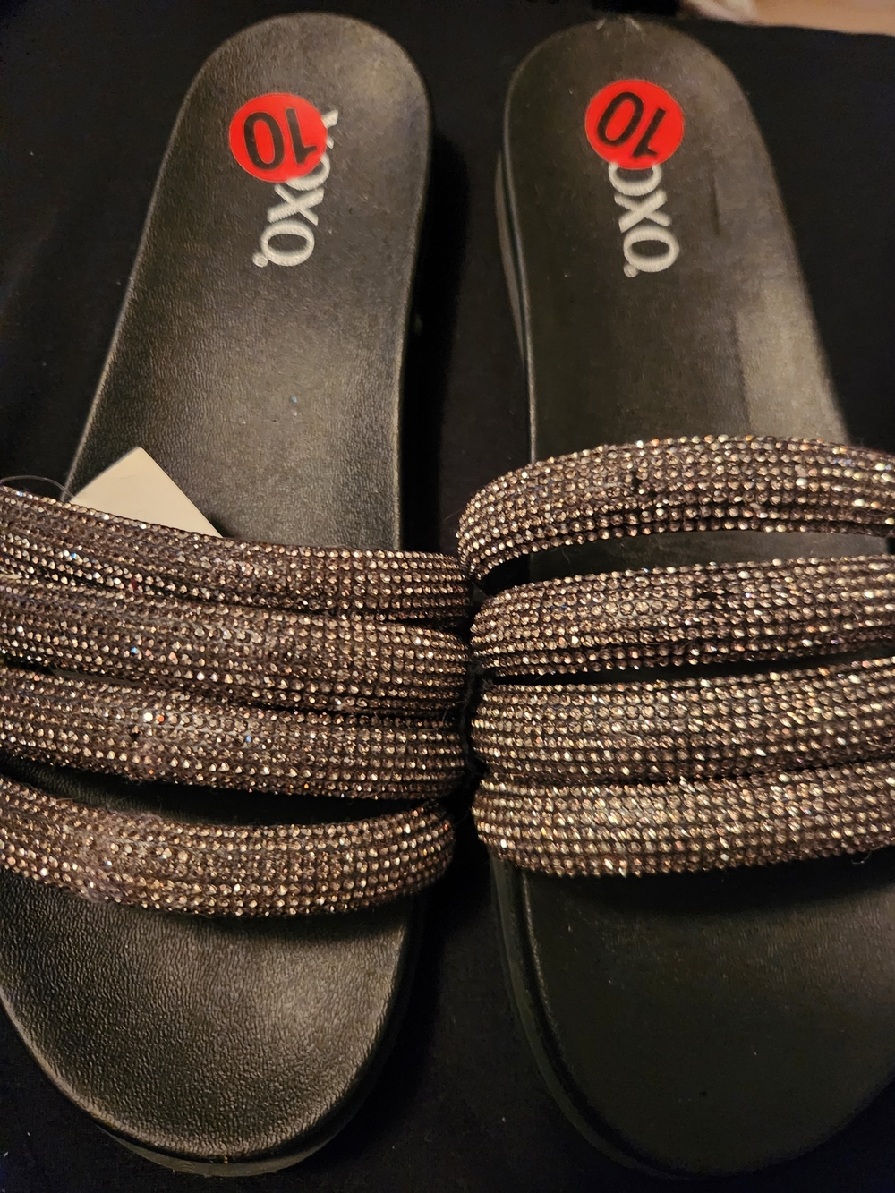 XOXO Black Slides with Sparkling Straps Sz 10